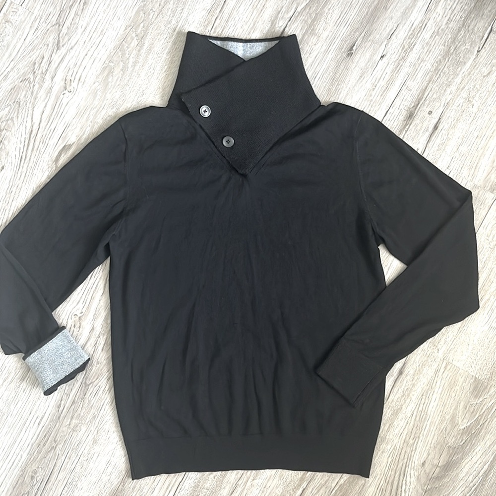 Black 100% merino wool button shawl neck sweater